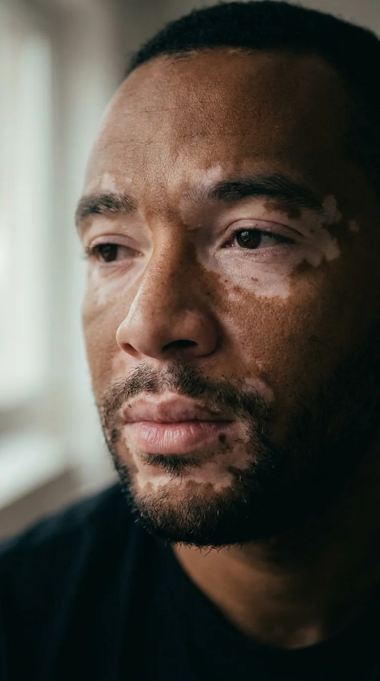 Retrato de homem com vitiligo no rosto